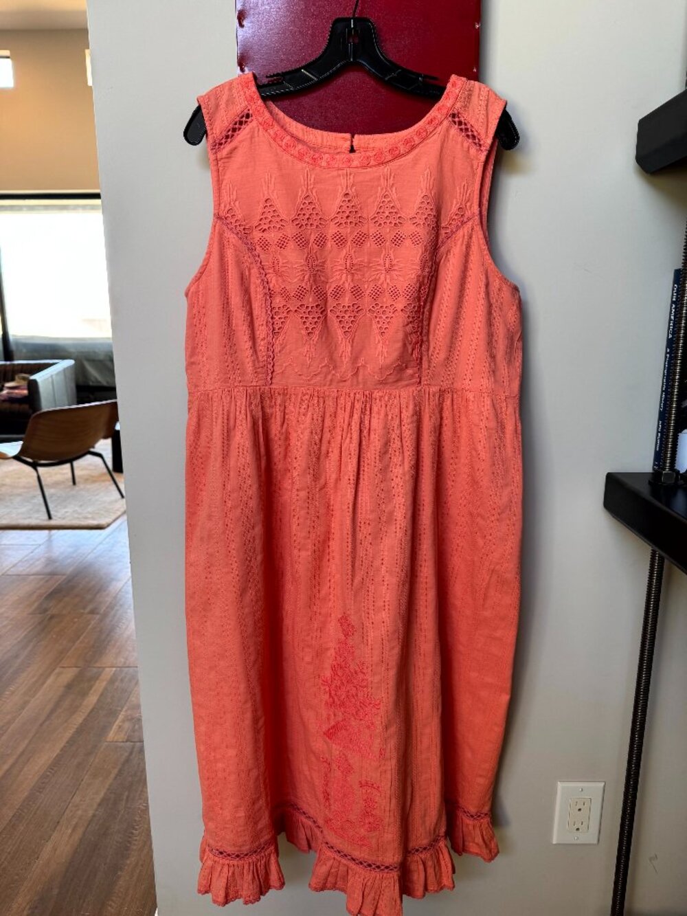 Sundance Relish the Day Coral Orange Sleeveless A-Line Dress Embroidery XL NWT